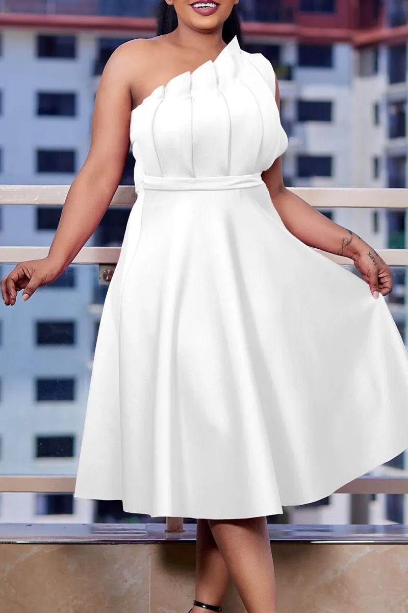 White Elegant Solid Patchwork Fold Oblique Collar Evening Dress Dresses