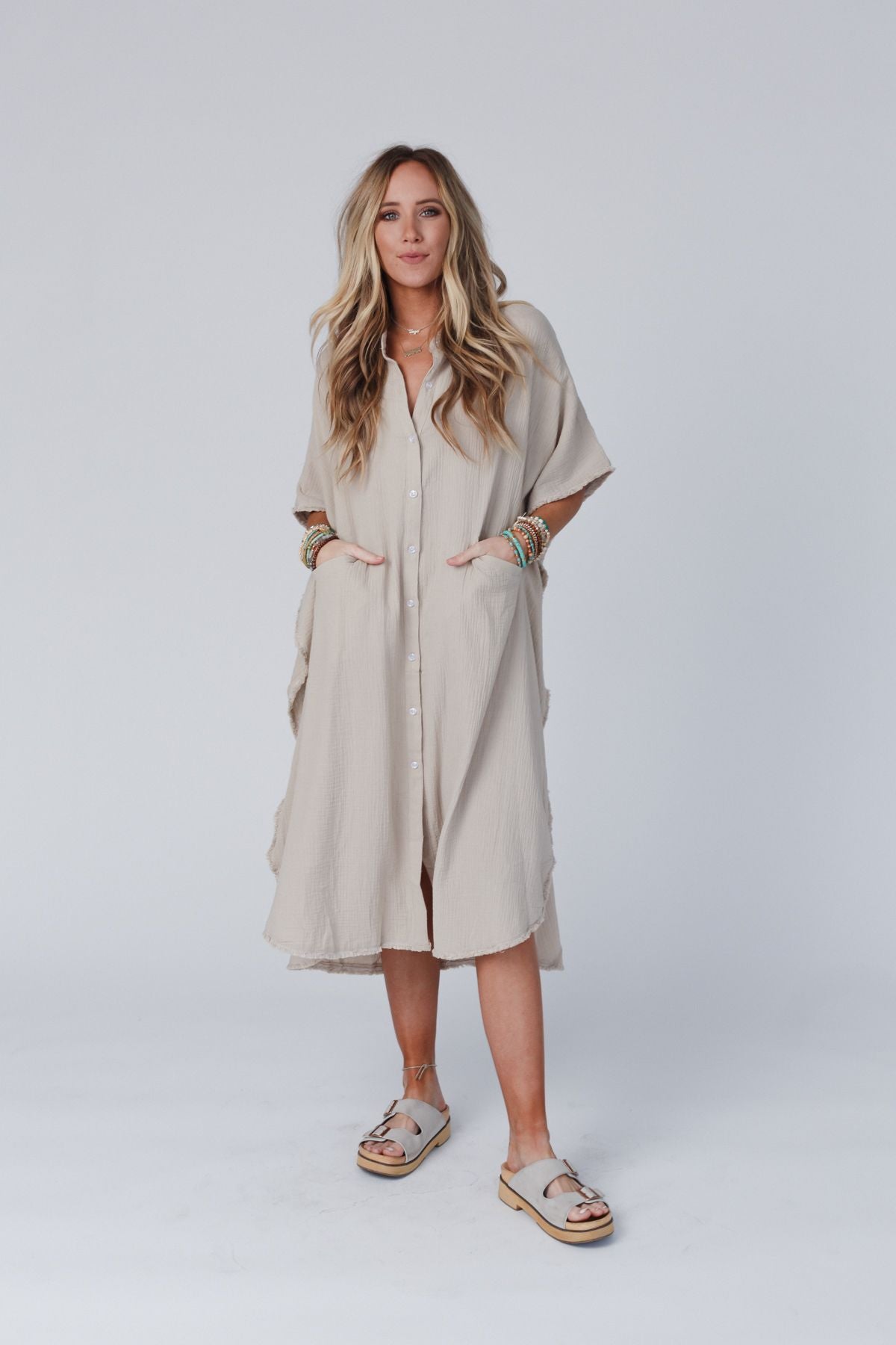 All My Days Button Down Midi Dress- Taupe