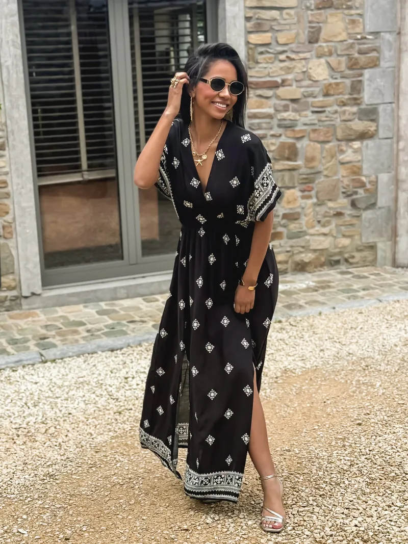 KATALYNA PATTERNED LONG DRESS - BLACK