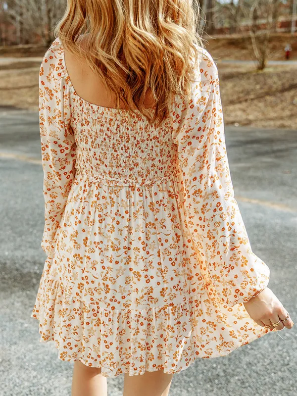 Apricot Boho Floral Smocked Puff Sleeve Mini Dress