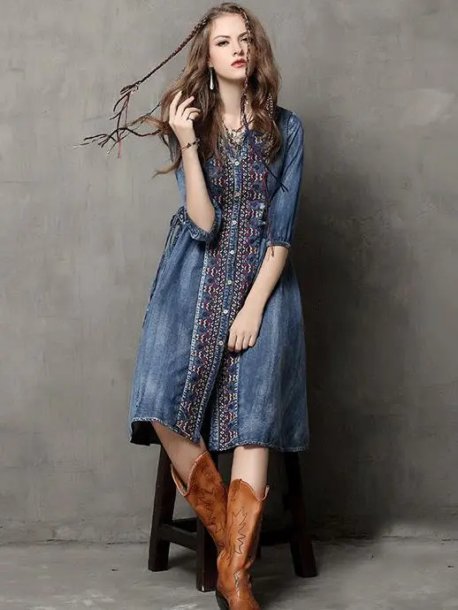 Vintage Oversize Embroidery Denim Dress