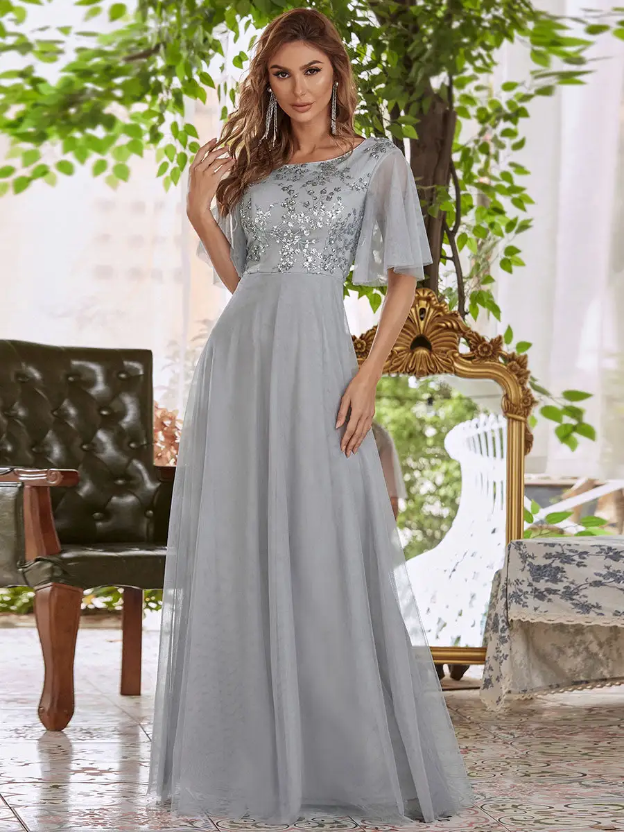 Elegant Tulle Ruffle Sleeves Bridesmaid Dresses Wholesale with Paillette