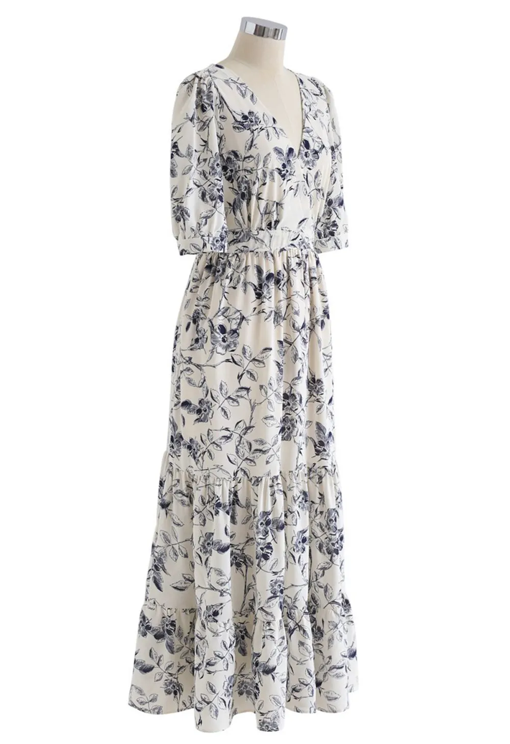 NAVY FLORAL FRILLING WRAPPED DRESS