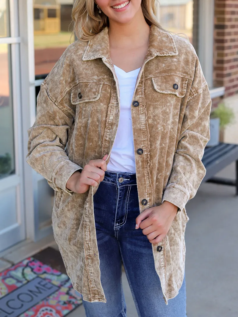 Khaki Vintage Distressed Mineral Wash Oversized Shacket