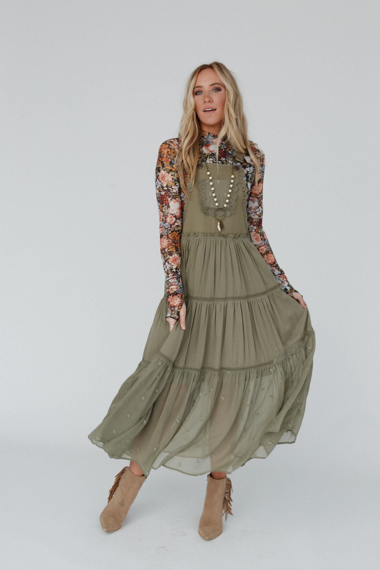 Green Paths Overall Dress - Olive