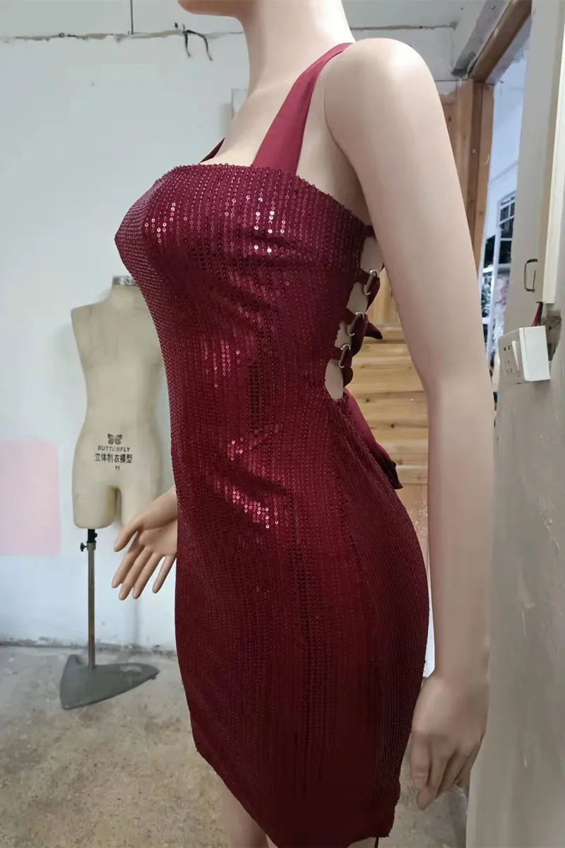 Burgundy Sexy Patchwork Sequins Backless Strap Design Spaghetti Strap Sleeveless Dress