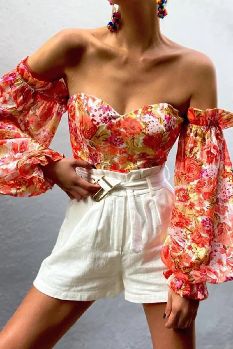 Red Fashion Print Patchwork Off the Shoulder Tops