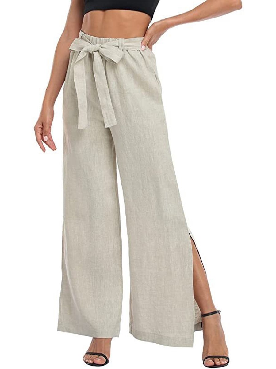 Women's Resort Style Solid Color Bow Knot Split Cotton Linen Wide Leg Pants