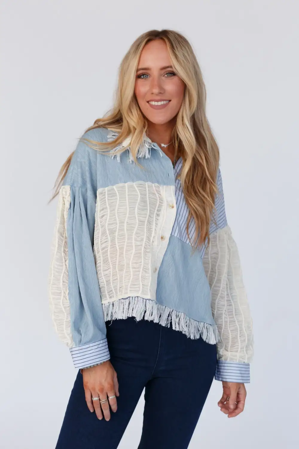 Juni Fringe Button Up Top - Blue Multi