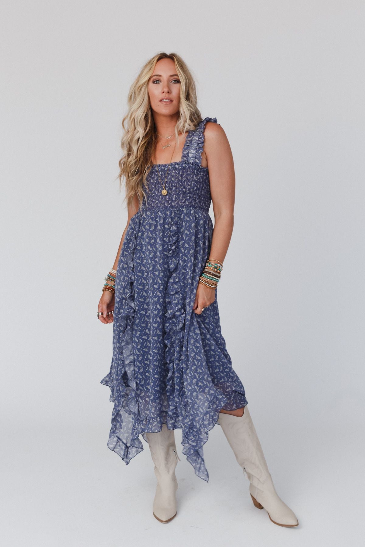 Smitten Smocked Ruffle Maxi Dress - Navy