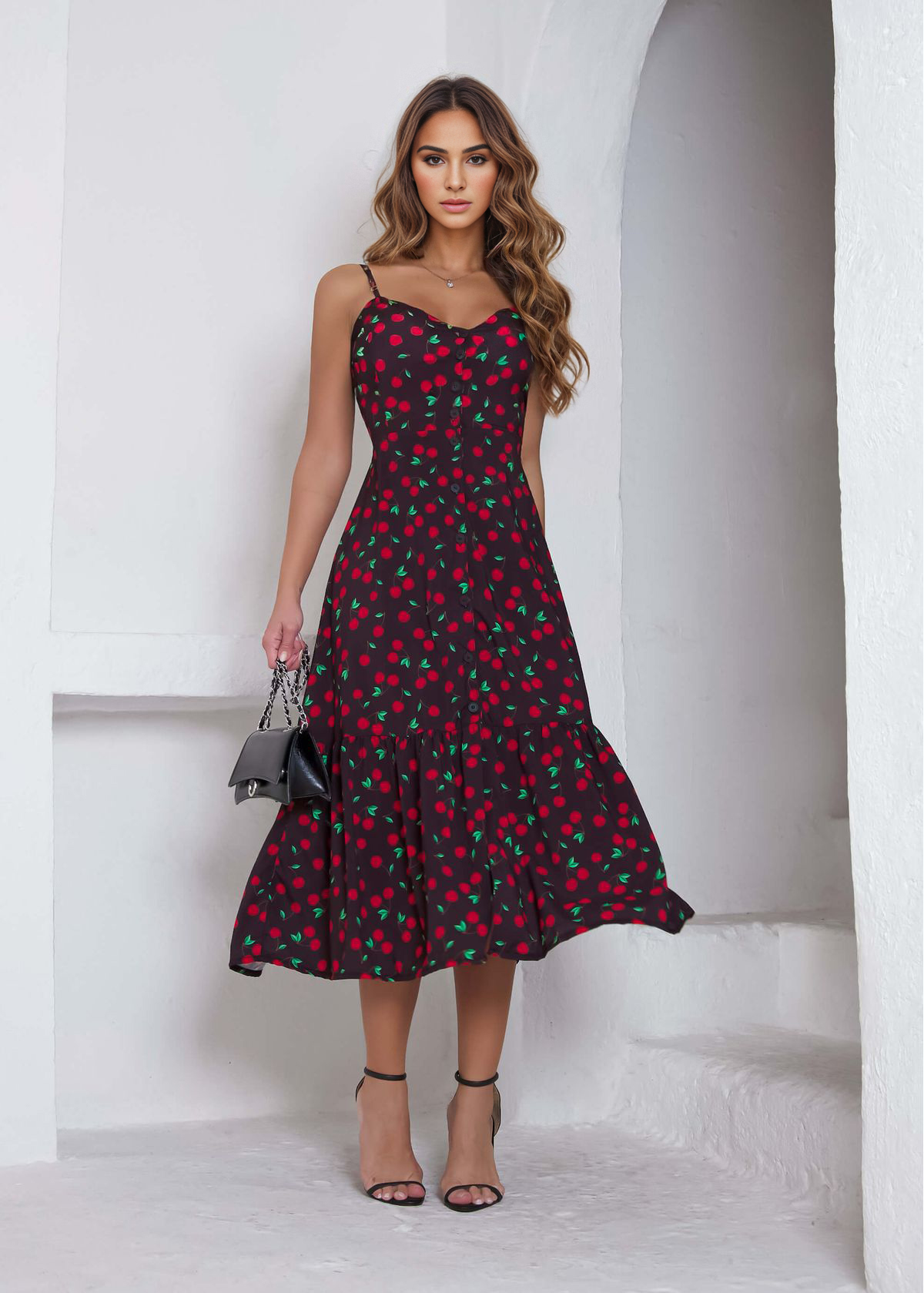 Cherry Button Midi Dress - M;Black