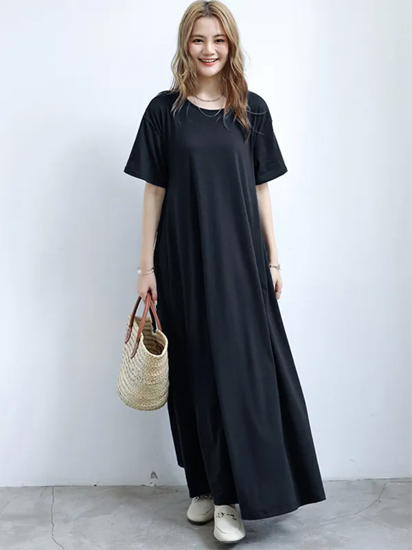 Simple Loose Short Sleeves Solid Color Round-Neck Maxi Dresses