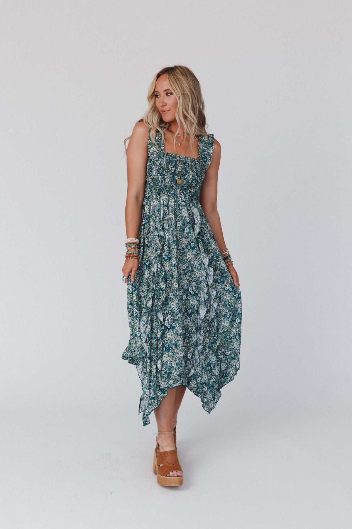 Smitten Smocked Ruffle Maxi Dress - Green