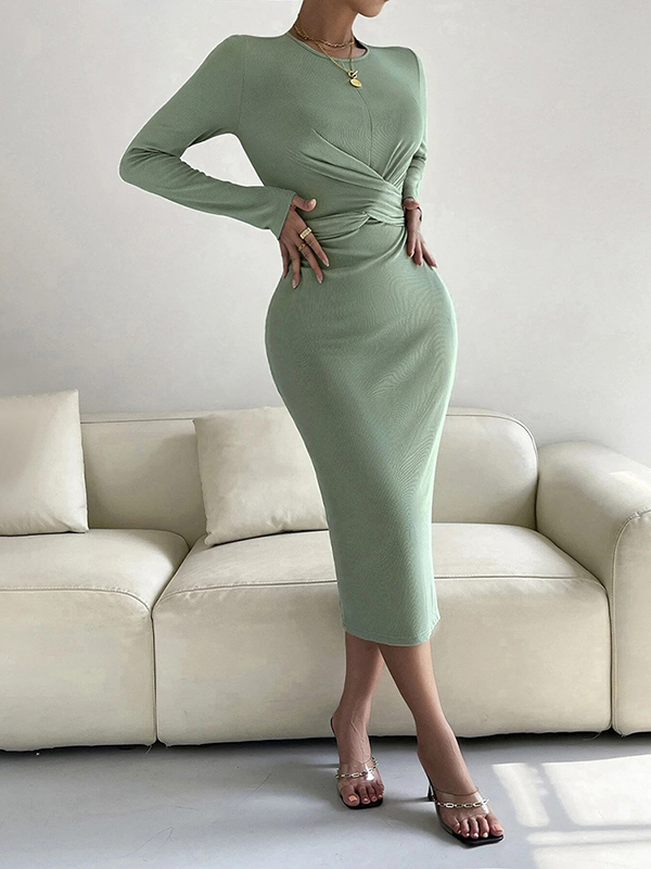 Bodycon Long Sleeves Knot Pleated Solid Color Split-side Tied Round-neck Midi Dresses