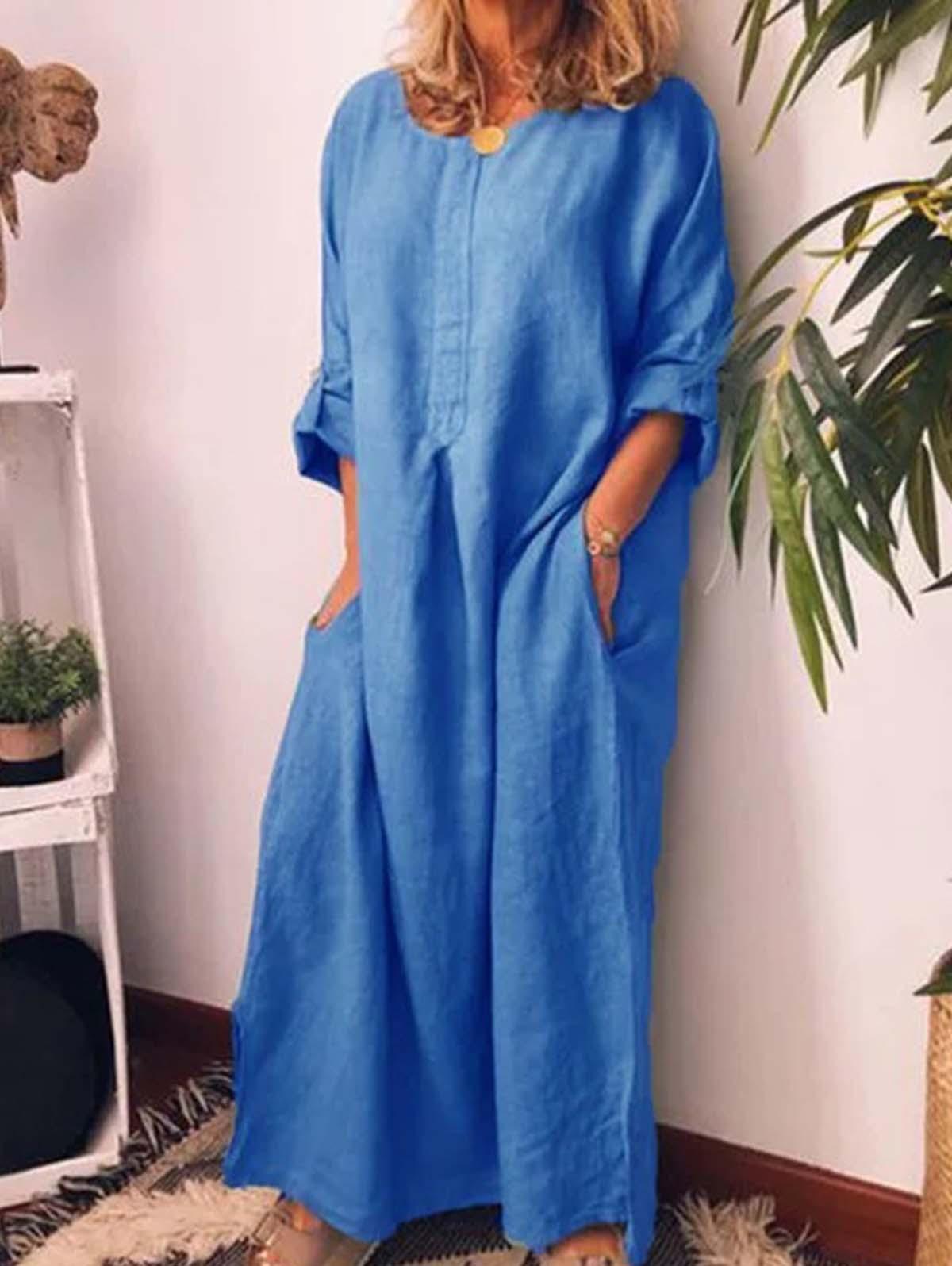 Solid Roll Cuff Pocket Side Cotton And Linen Maxi Dress