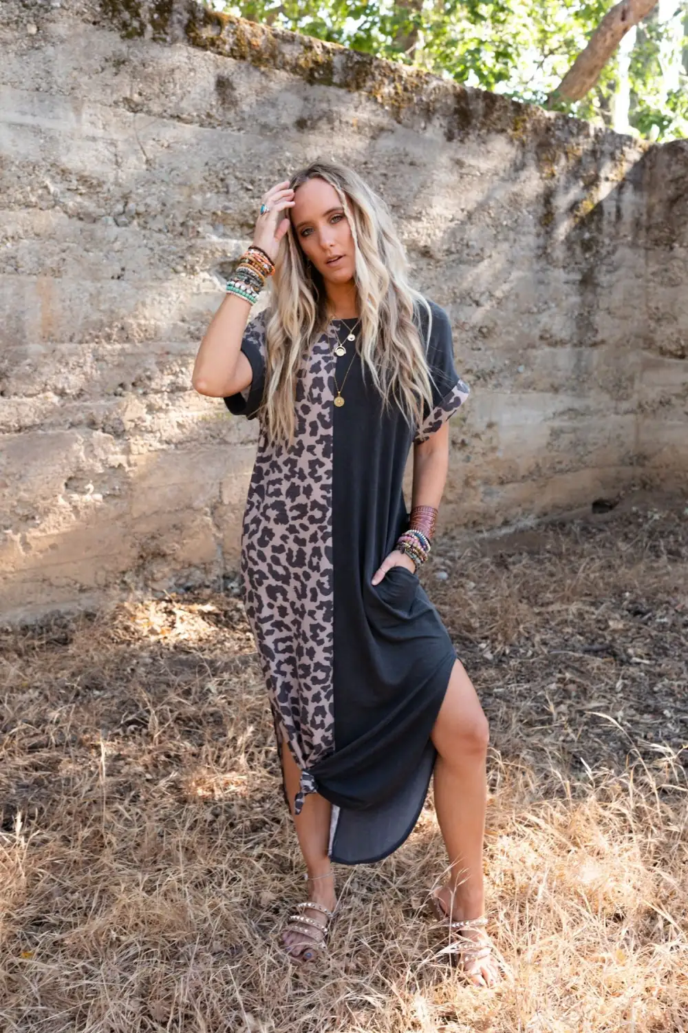 Dayton Printed Contrast Tee Dress - Mocha