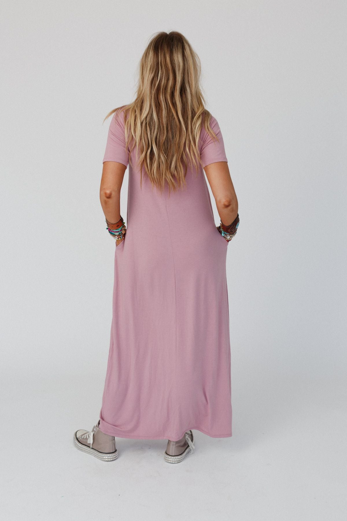 V Neck Pocket Tee Maxi Dress - Light Rose