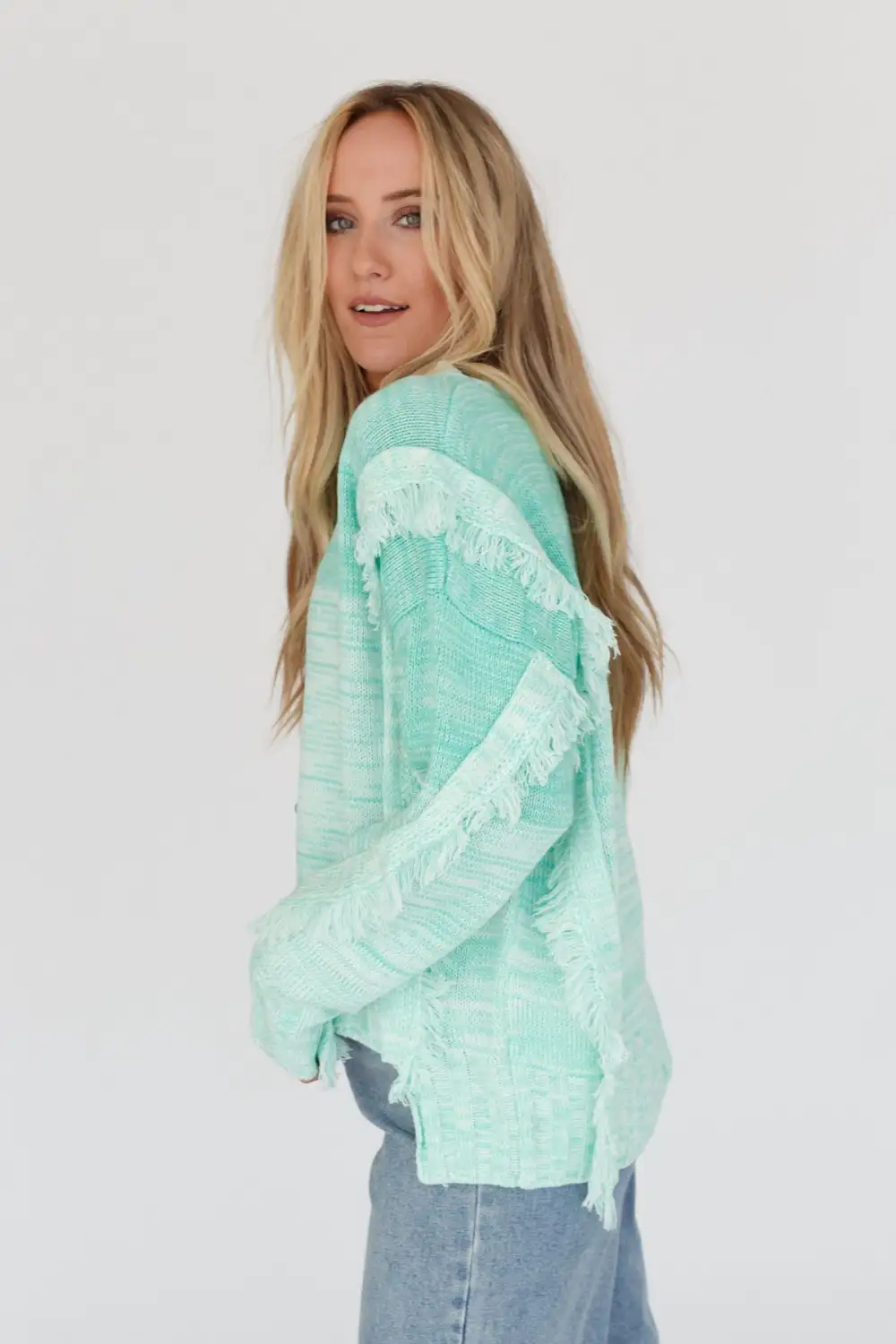 Fade Away Fringe Sweater - Seafoam