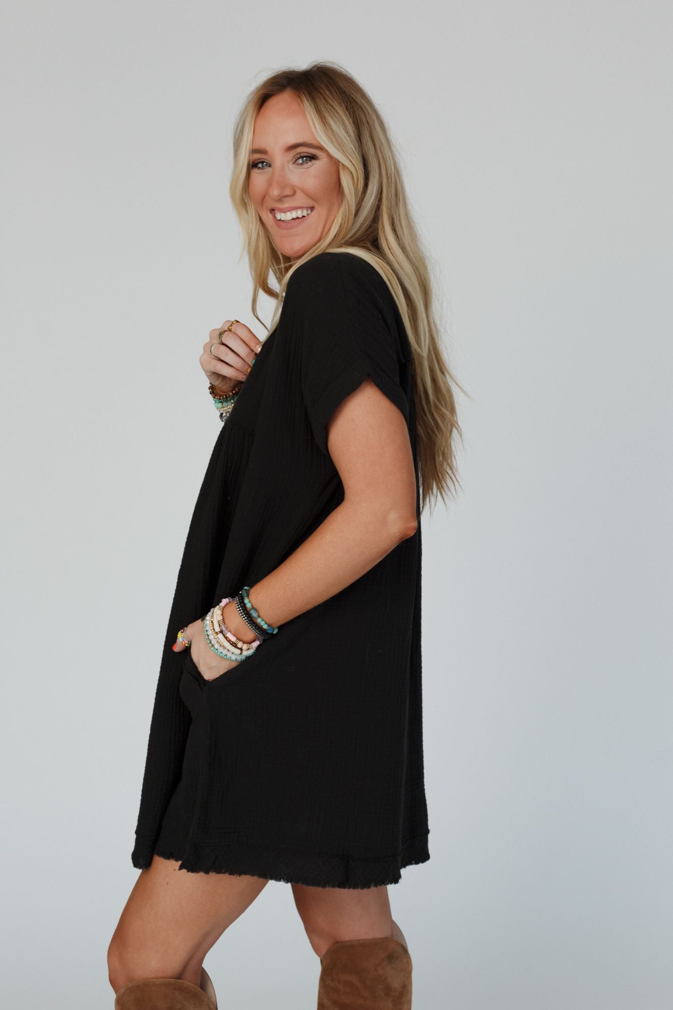 Romi Raw Edge V Neck Dress - Black