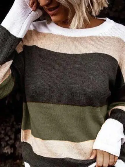 Women's Sweaters Colored Striped Loose Round Neck Sweater