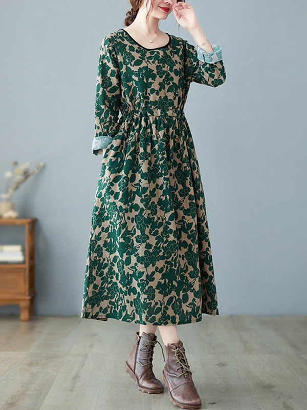 Artistic Retro Ramie Cotton Floral Printed Pleated Round-Neck Long Sleeves Midi Dress