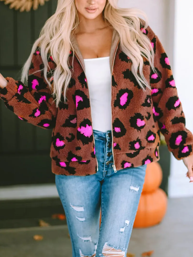 Casual contrasting leopard print sherpa jacket