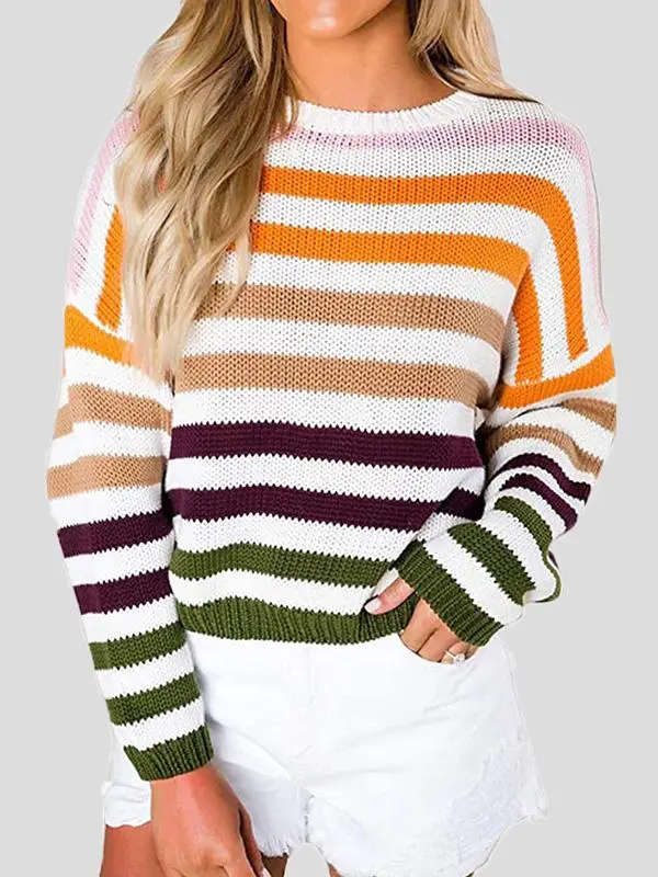 Women's Sweaters Multicolor Striped Round Neck Knitted Sweater