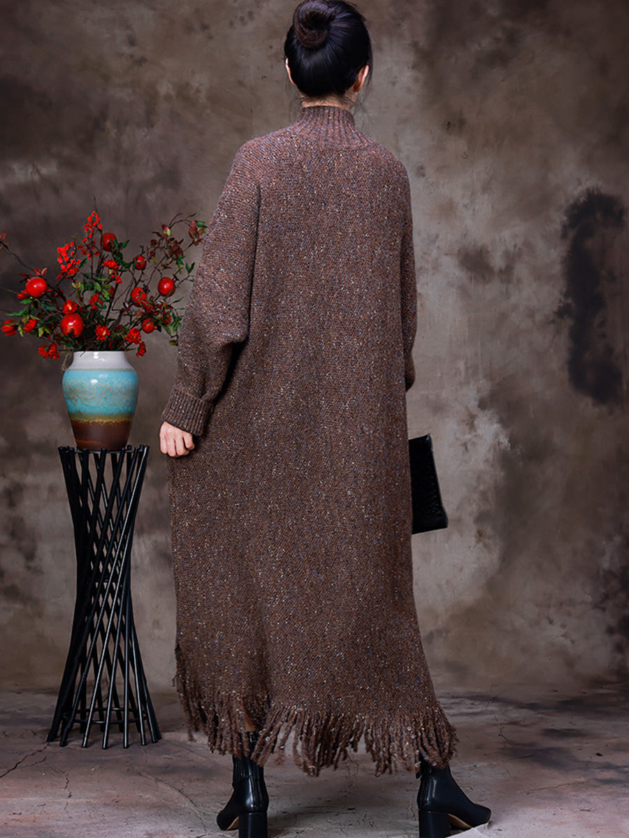 Winter Women Warm Wool Tassel Maxi Dress