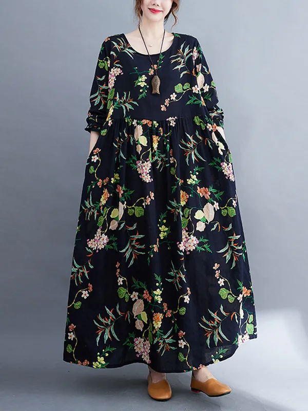 Vacation Long Sleeves Loose Floral Printed Round-Neck Maxi Dresses