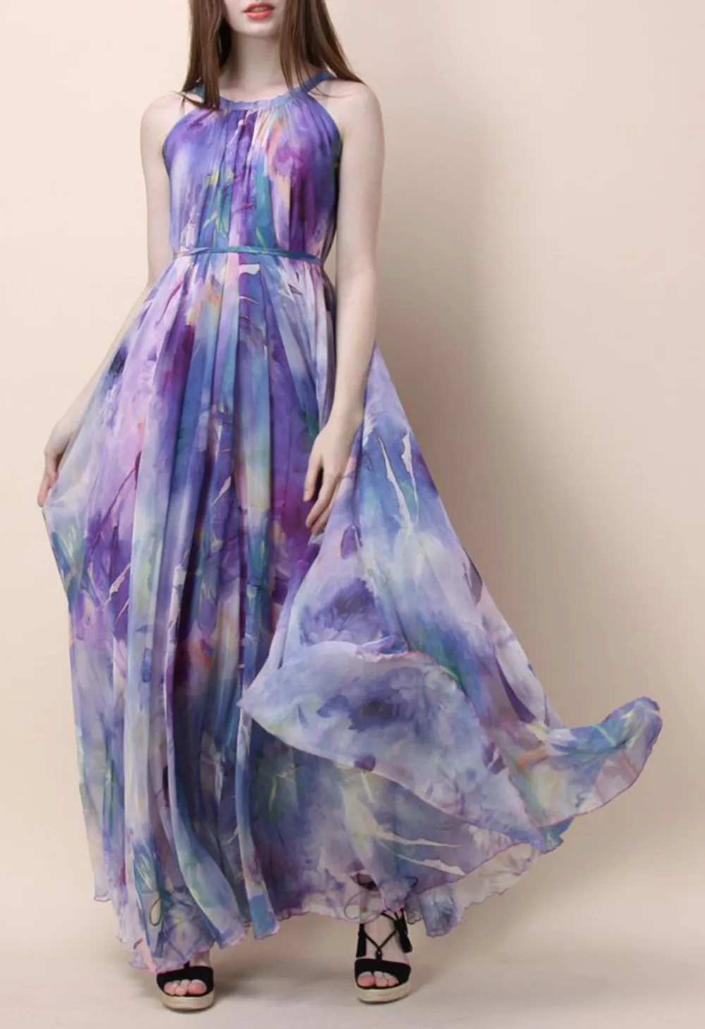 FLORAL WATERCOLOR MAXI SLIP DRESS IN VIOLET