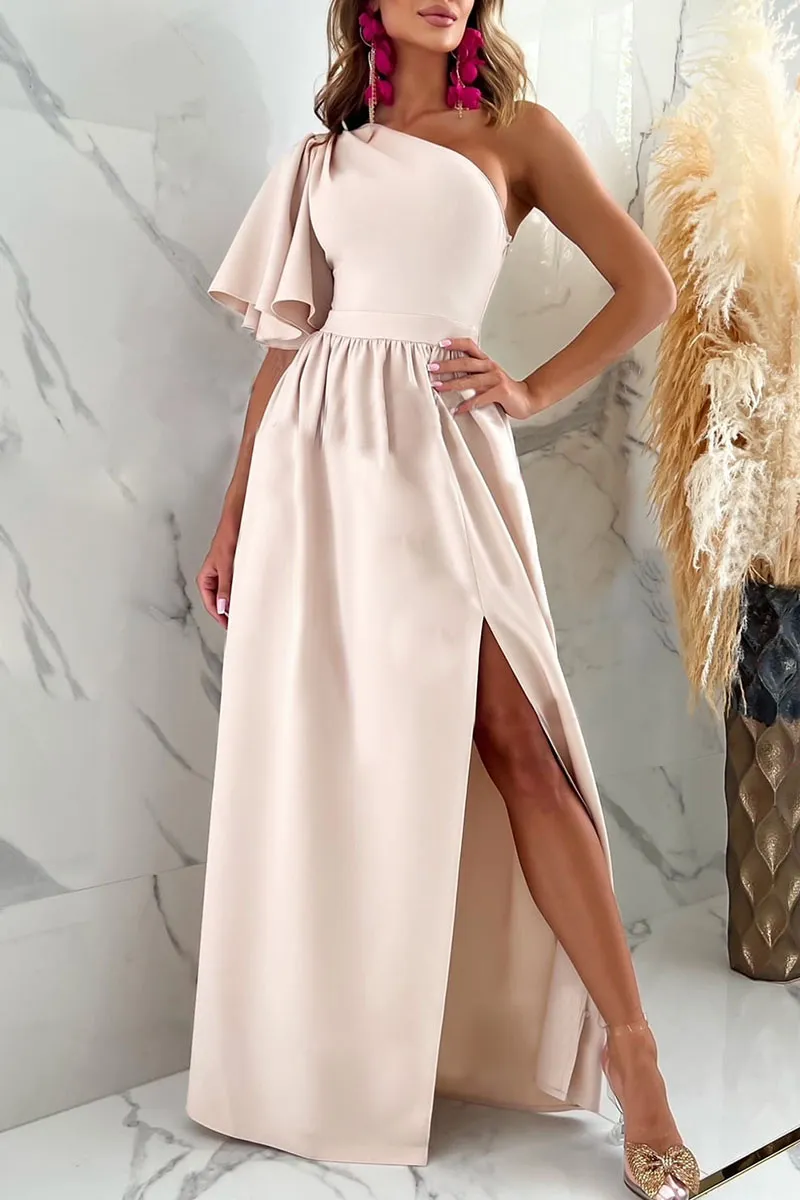 Khaki Sexy Elegant Solid Patchwork Slit Oblique Collar Straight Dresses