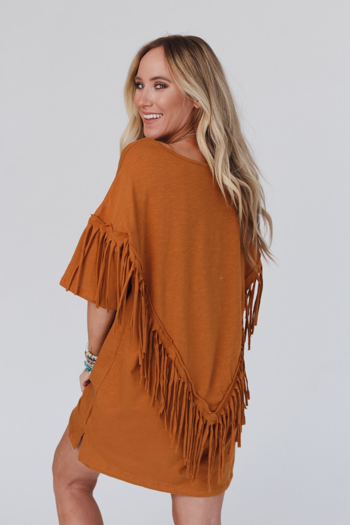 Comfy Fringe Tee Dress - Camel