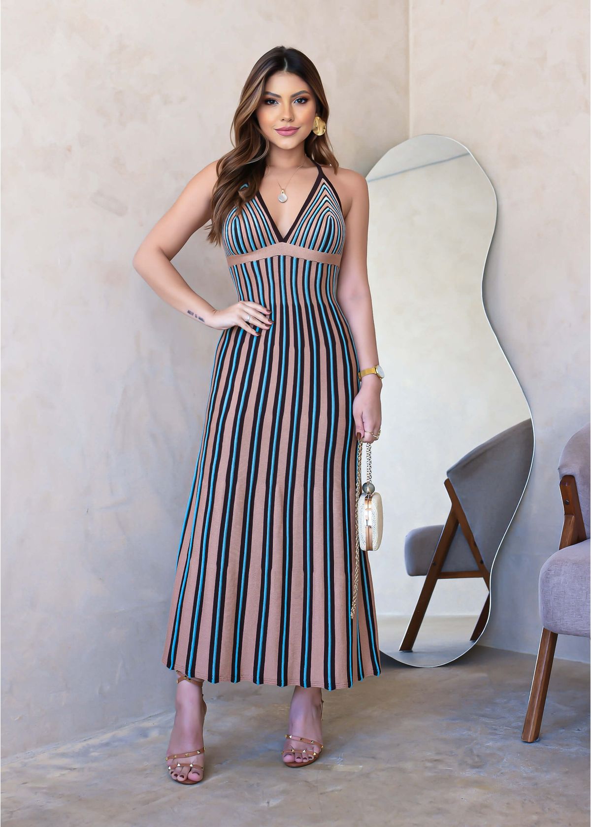 MODAL STRIPED V-NECK MIDI DRESS