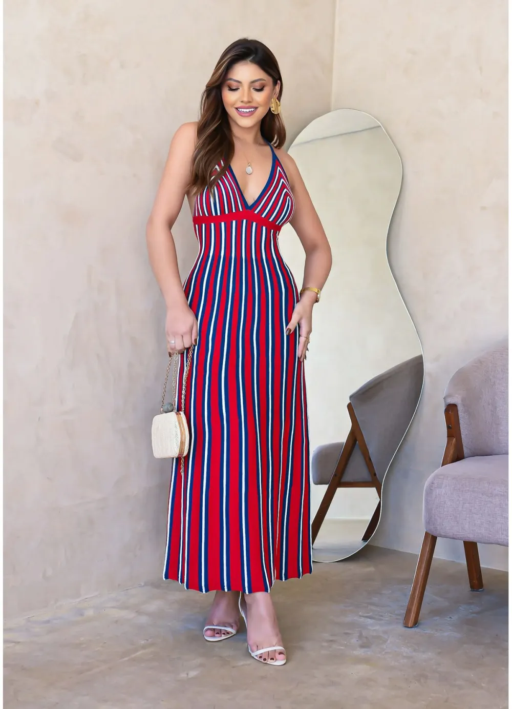 MODAL STRIPED V-NECK MIDI DRESS