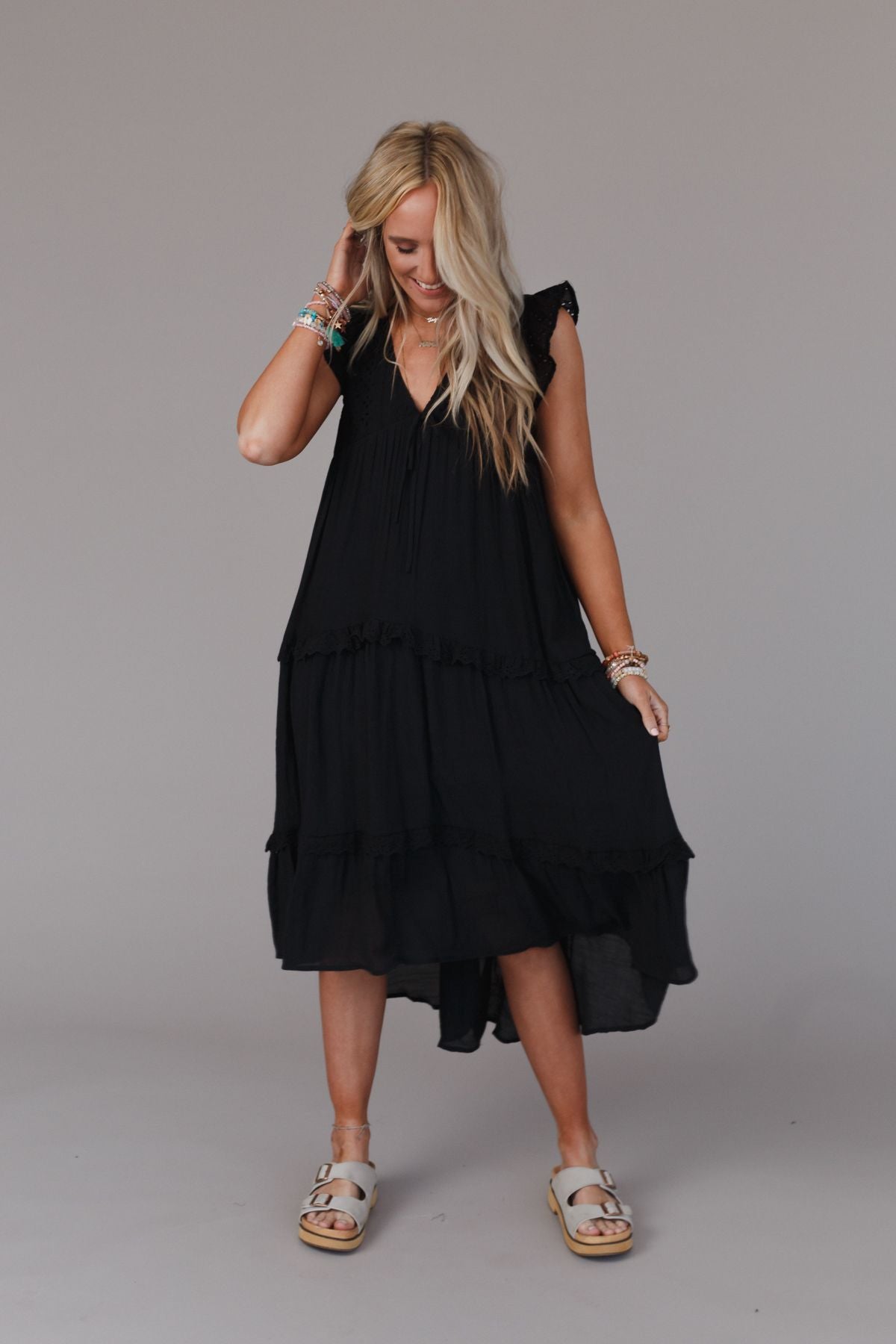 Mina Tiered Scallop Edge Maxi Dress - Black