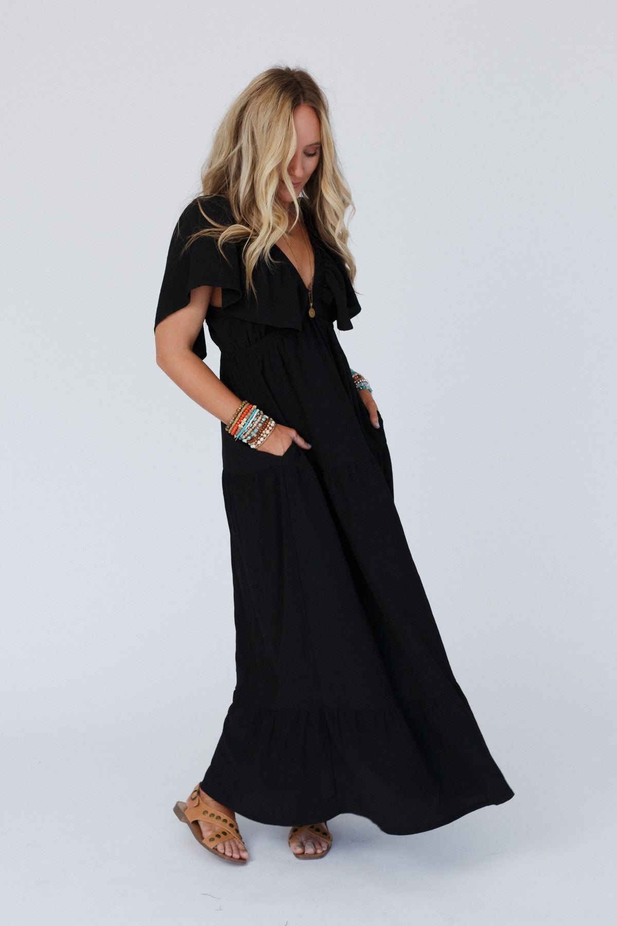 On Repeat Textured Open Back Ruffle Maxi Dress - Black