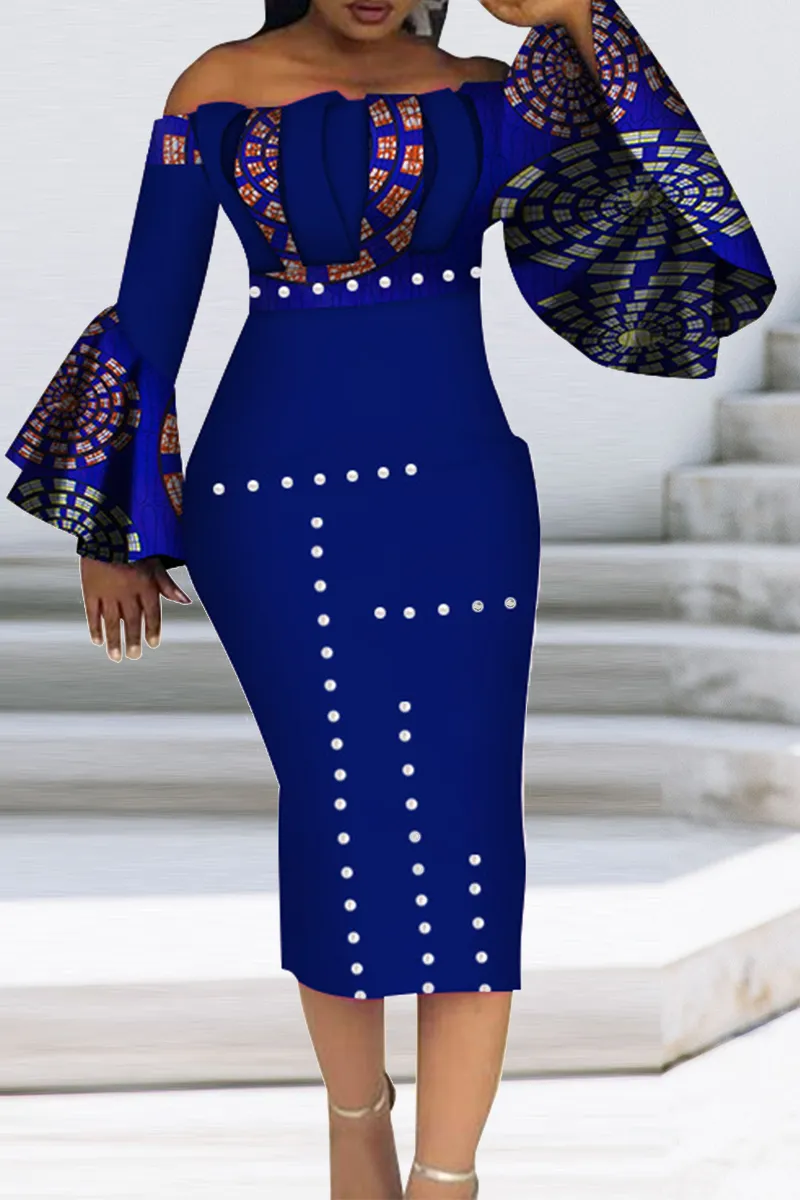 Tibetan Blue Vintage Print Patchwork Off the Shoulder Pencil Skirt Dresses