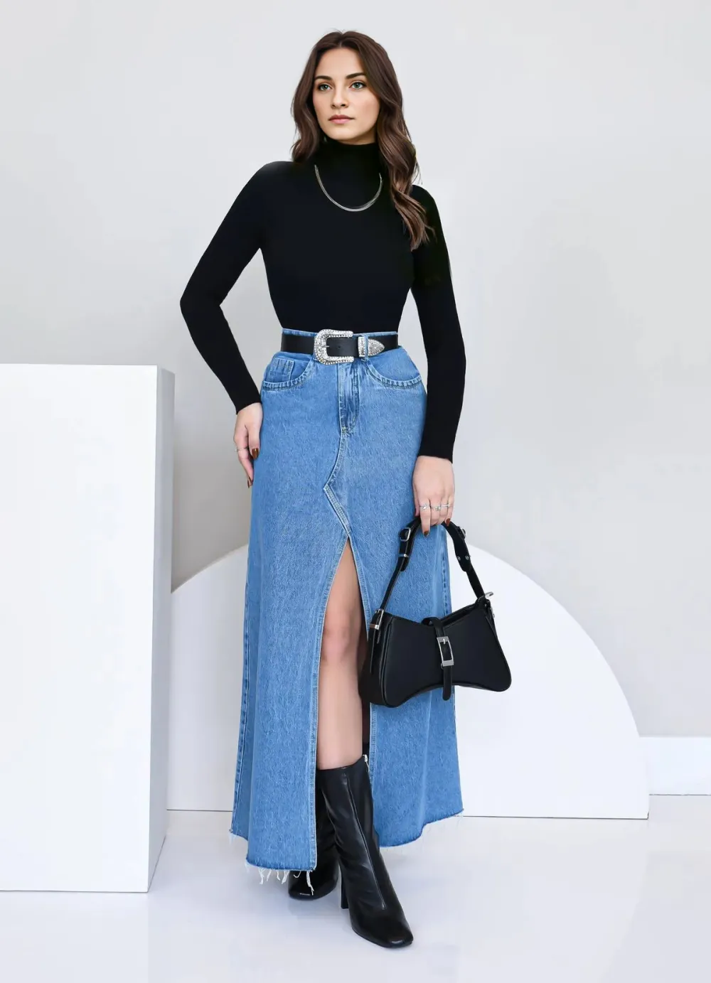 LONG SLIT JEANS SKIRT WITH FRAYED HEM