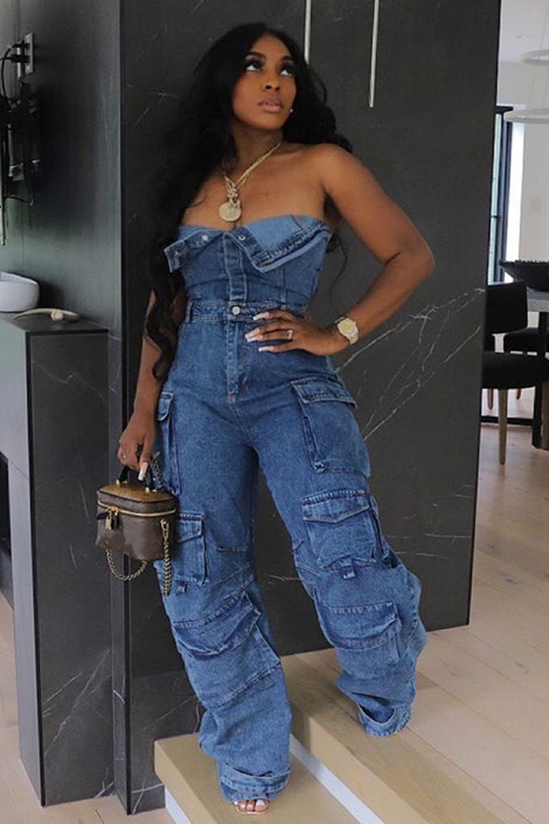 Strapless Multi Flap Pocket Denim Cargo Jumpsuit [Pre Order]