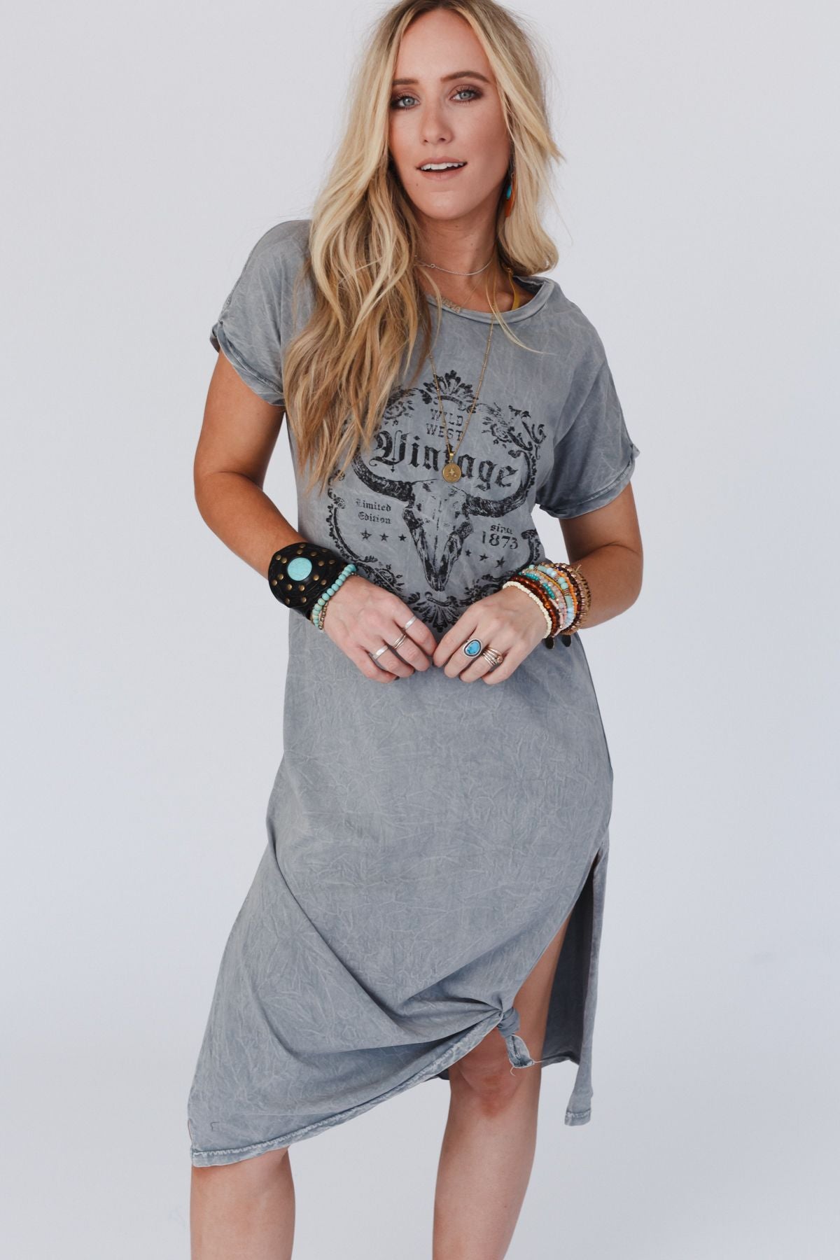 Bull Rider Tee Dress - Gray