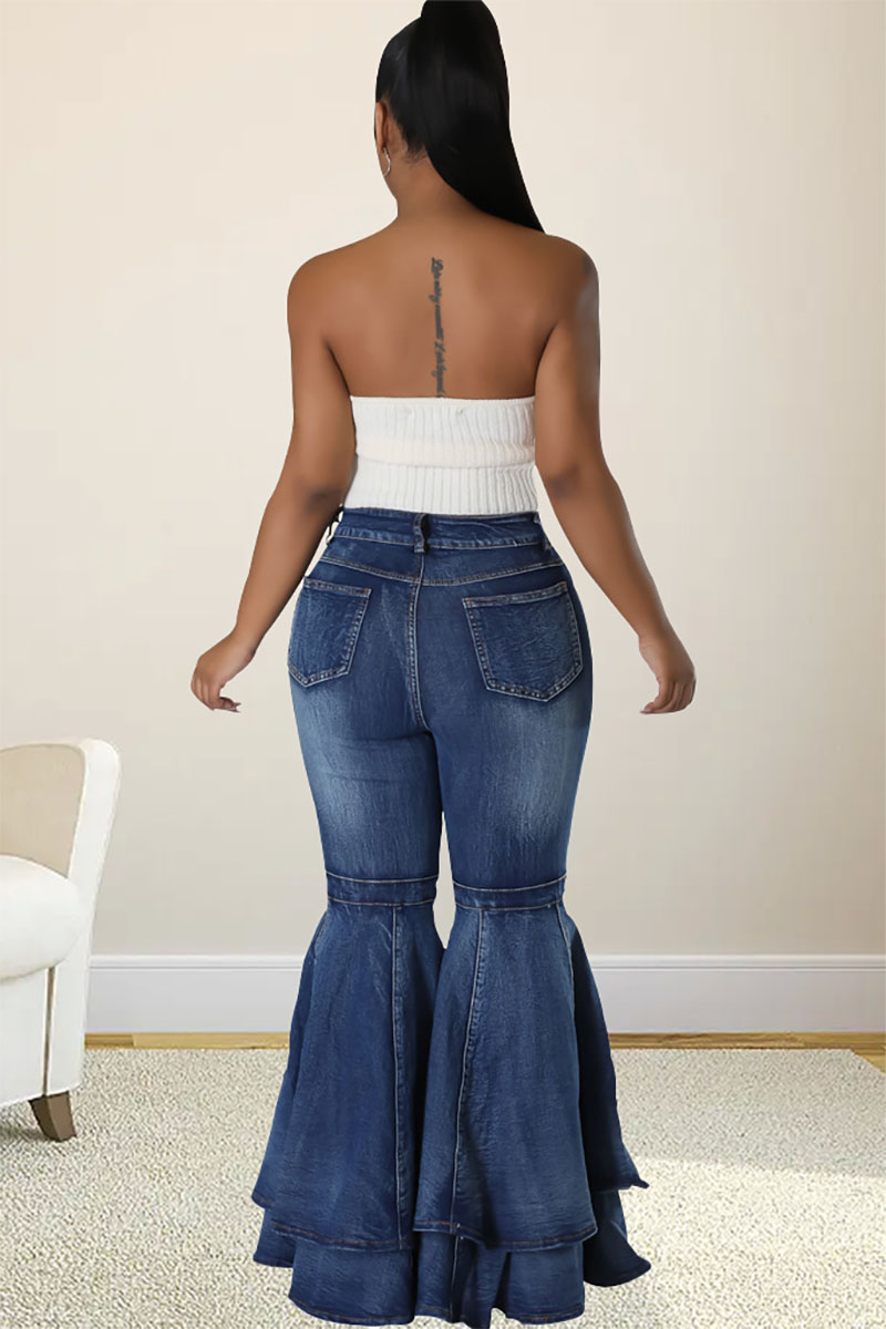 Ruffled Denim Stitching Flared Pants