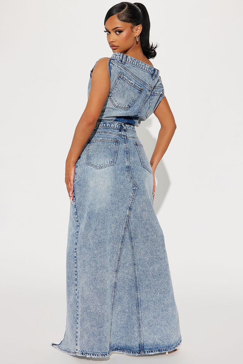 Denim Off Shoulder Sleeveless Top High Waist Pocket Slit Maxi Skirt Matching Set