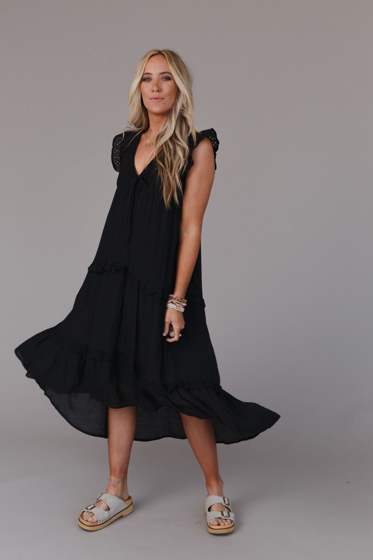 Mina Tiered Scallop Edge Maxi Dress - Black