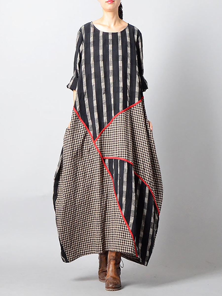 Plus Size - Stripes Plaid Spliced Irregular Cotton Linen Dress