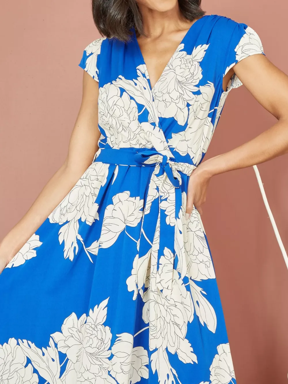 Mela London Blossom Print Wrap Dip Hem Midi Dress