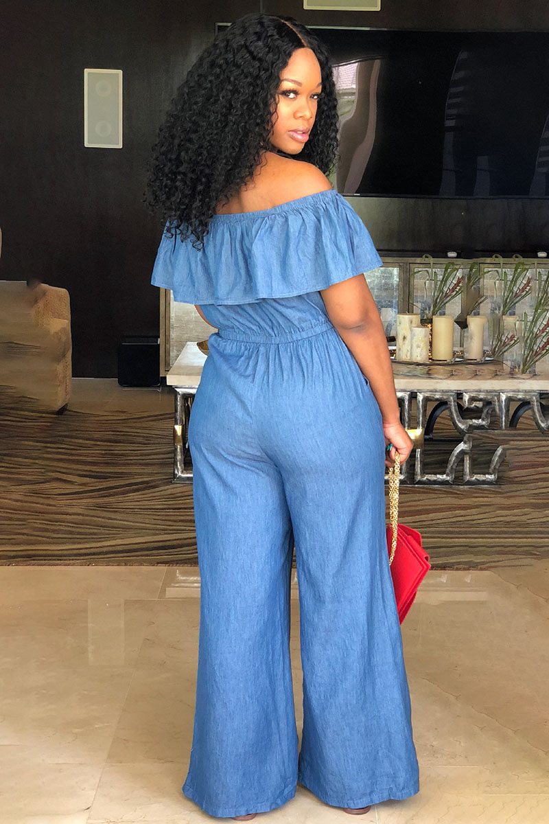 Off Shoulder Ruffled Drawstring Wide Leg Denim Jumpsuit