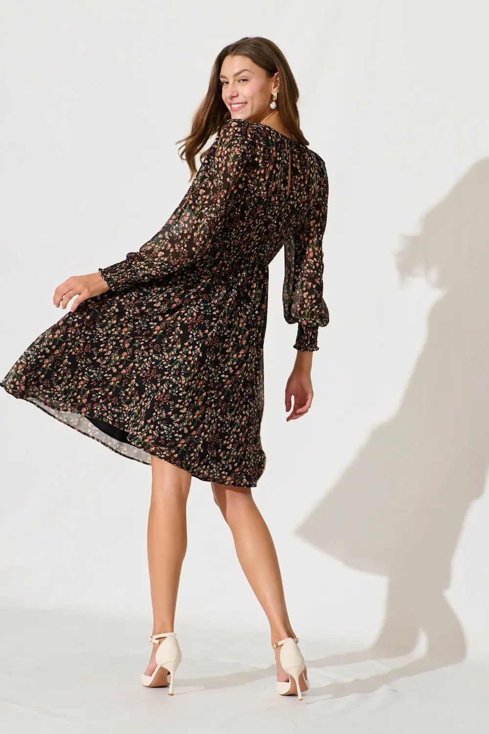 Fleece Dress In Black With Rust Floral Chiffon