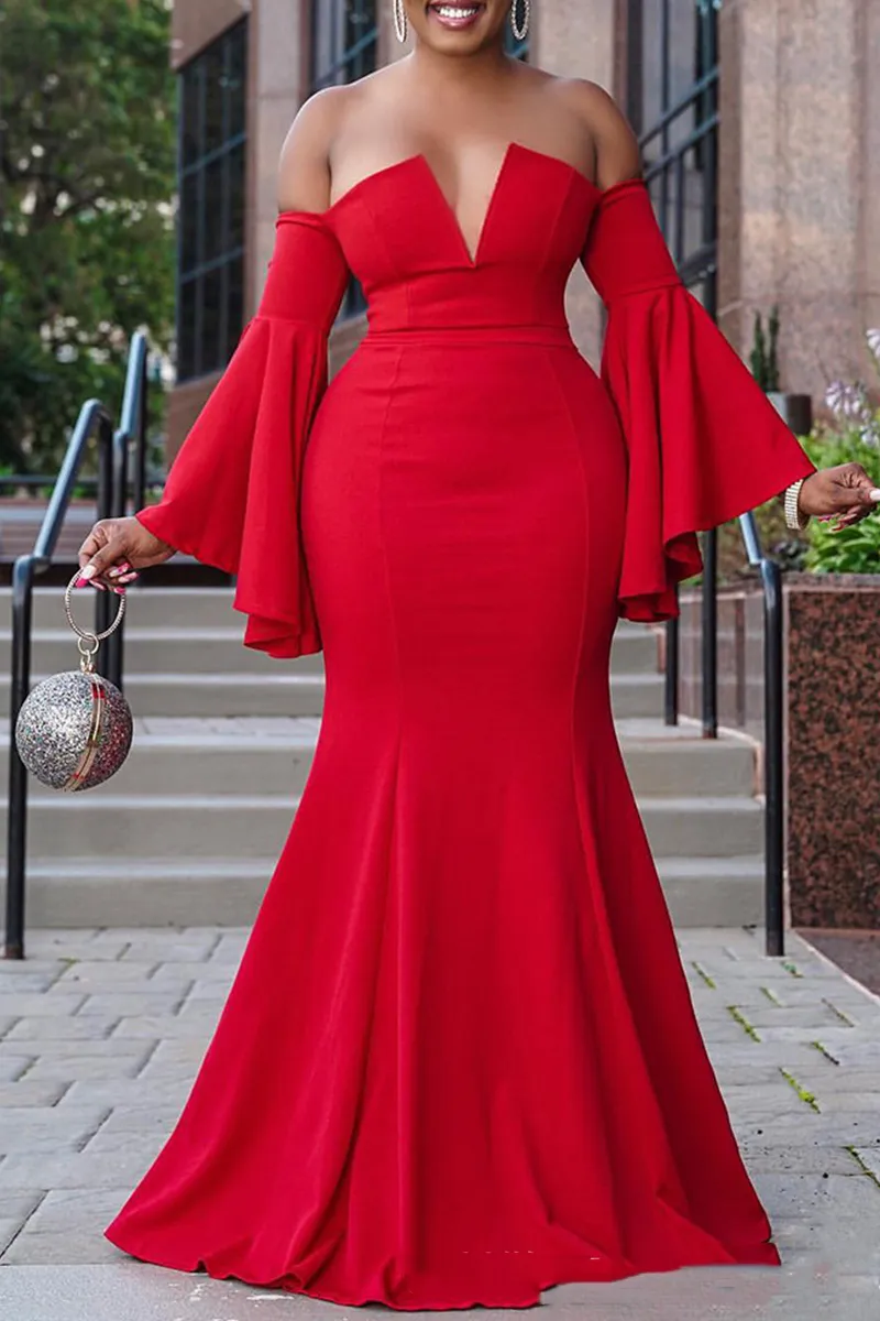 Red Sexy Solid Split Joint Strapless Trumpet Mermaid Dresses