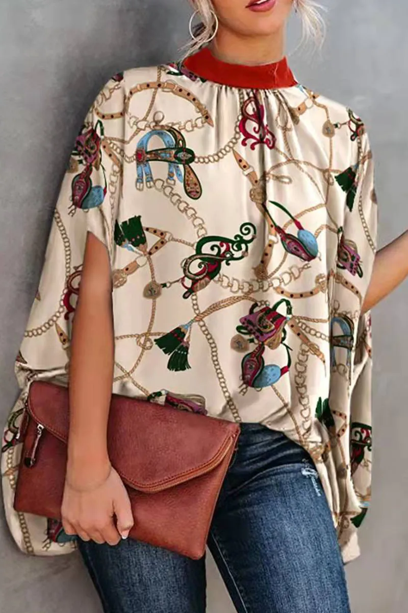 Blue Casual Print Patchwork O Neck Tops