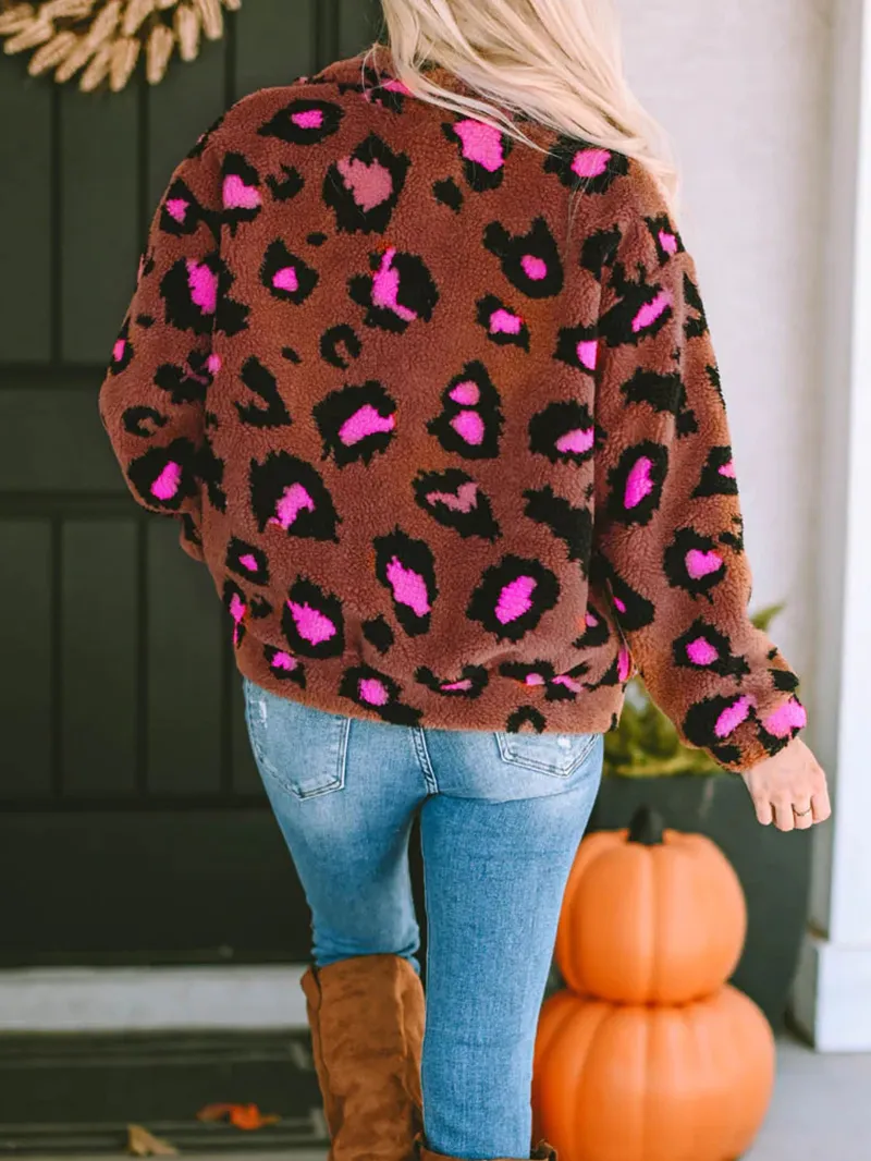 Casual contrasting leopard print sherpa jacket